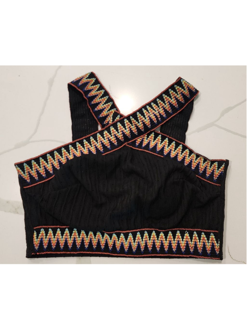 Black 1XL High Waisted Bikini Set Crisscross Straps Rainbow Embroidered Ribbed - Picture 3 of 12